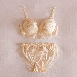 japanese pastel yellow cream embroidered ribbon lace bra set